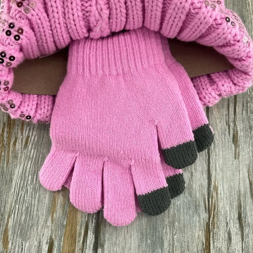 Girls Justice Ribbed & Full Print Winter Cozy Beanie and Gloves 2, 2-Piece Sets